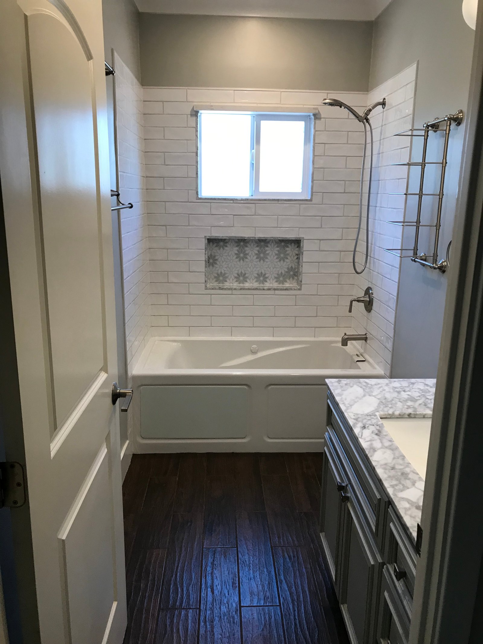 Finished bathroom view from the hallway